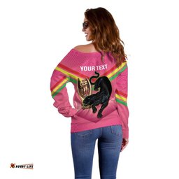 Personalised Panthers Rugby 2024 Off Shoulder Sweater Mascot With Trophy Go Champions Aboriginal Art Pink