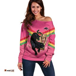 Personalised Panthers Rugby 2024 Off Shoulder Sweater Mascot With Trophy Go Champions Aboriginal Art Pink