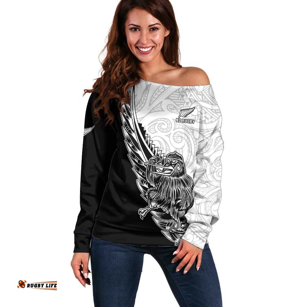 New Zealand Kiwi Rugby Custom Off Shoulder Sweater Go Champions Maori Pattern