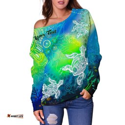 Custom Text Aboriginal Women's Off Shoulder Sweater Indigenous Turtle Ocean Dot Painting Art