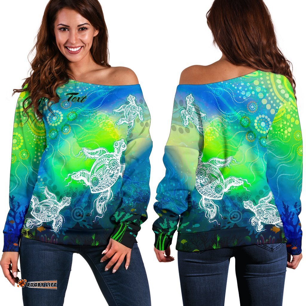 Custom Text Aboriginal Women's Off Shoulder Sweater Indigenous Turtle Ocean Dot Painting Art