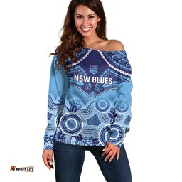 Custom NSW Blues Rugby Off Shoulder Sweater Aboriginal Mix Polynesian Pattern
