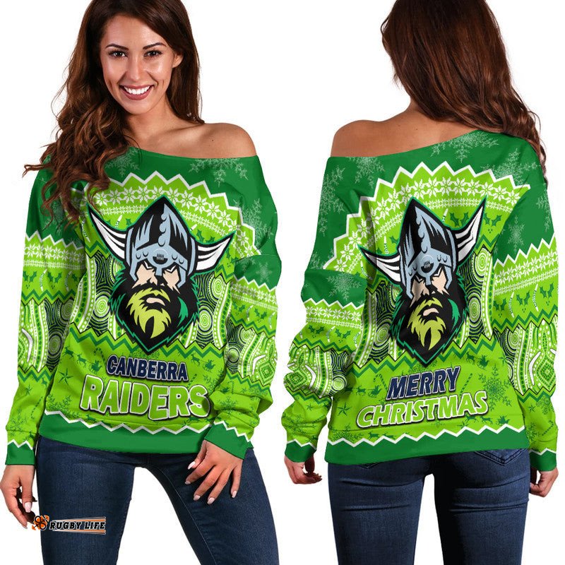 Canberra The Green Machine Raiders Aboriginal Christmas Vibe Women Off Shoulder Sweater