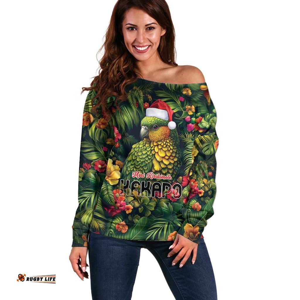 Meri Kirihimete Kakapo Off Shoulder Sweater New Zealand Christmas with Tropical Vibe