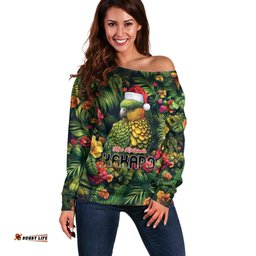 Meri Kirihimete Kakapo Off Shoulder Sweater New Zealand Christmas with Tropical Vibe