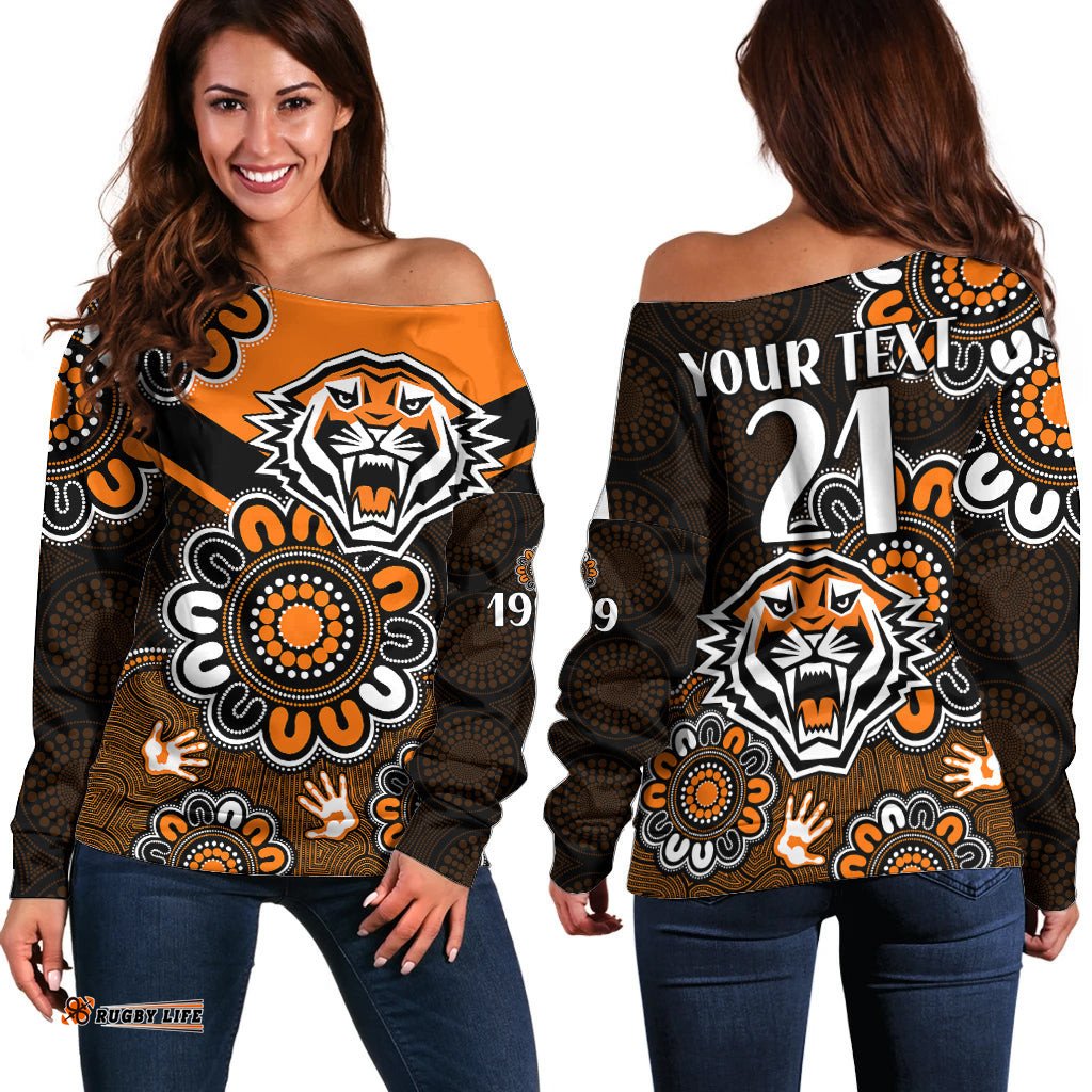 Custom Personalised NRL Wests Tigers Rugby Founded 1999 Aboriginal Off Shoulder Sweater