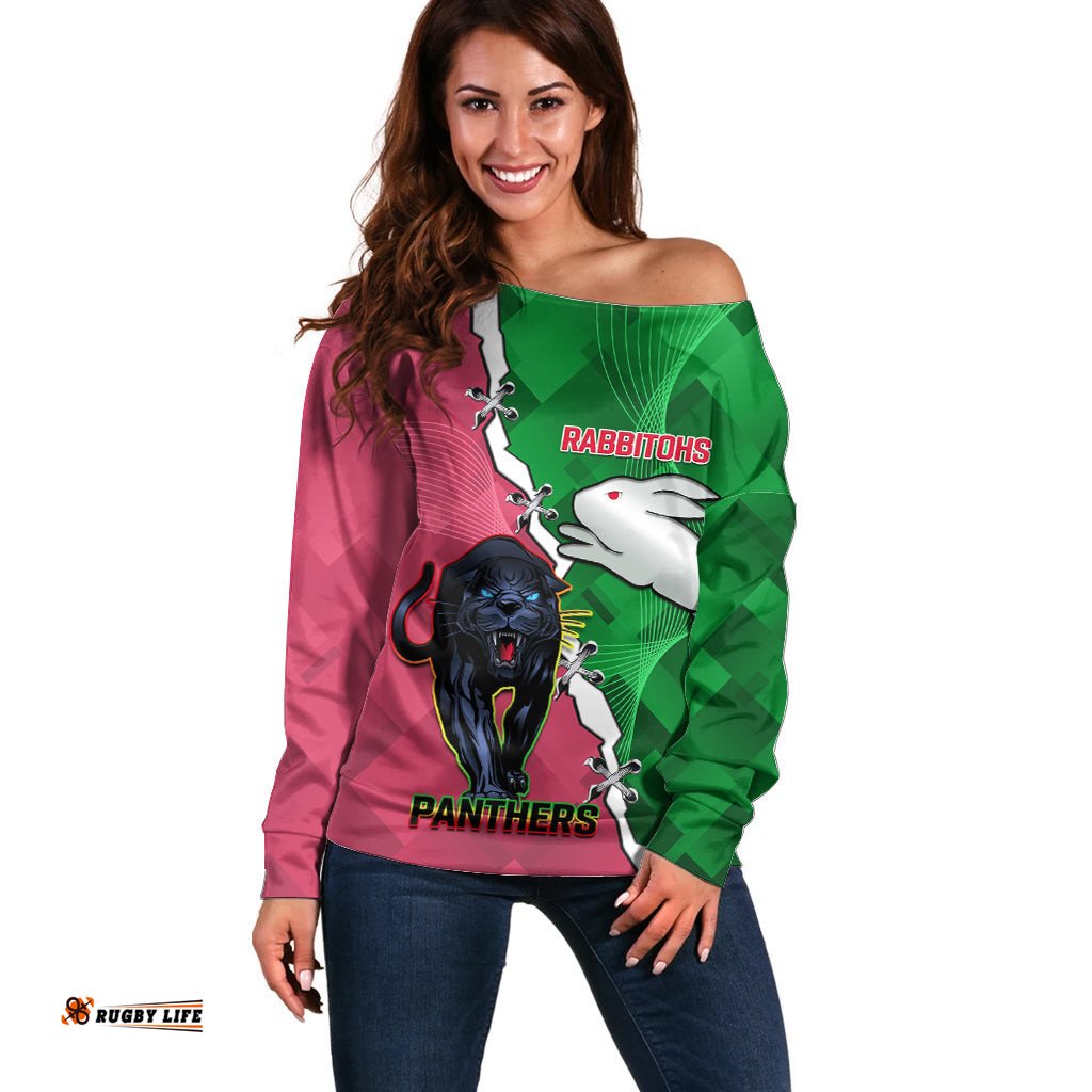 Personalised Panthers And Rabbitohs Rugby Off Shoulder Sweater 2024 Souths The Riff Together