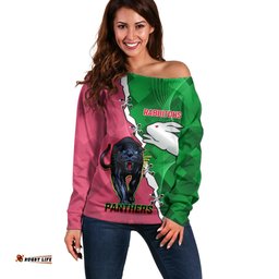 Personalised Panthers And Rabbitohs Rugby Off Shoulder Sweater 2024 Souths The Riff Together