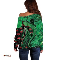 New Zealand Gecko Christmas Off Shoulder Sweater Meri Kirihimete Paua Shell Mix Pohutukawa
