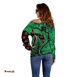 New Zealand Gecko Christmas Off Shoulder Sweater Meri Kirihimete Paua Shell Mix Pohutukawa