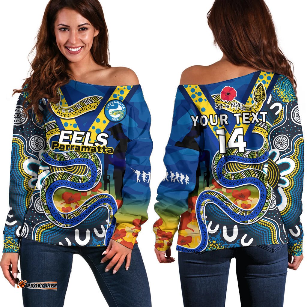 Custom Text And Number Eels Rugby ANZAC Off Shoulder Sweater Aboriginal Mix Poppy Lest We Forget