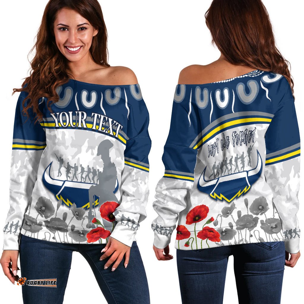 Custom Personalised Cowboys Anzac Women Off Shoulder Sweater Aboriginal Lest We Forget