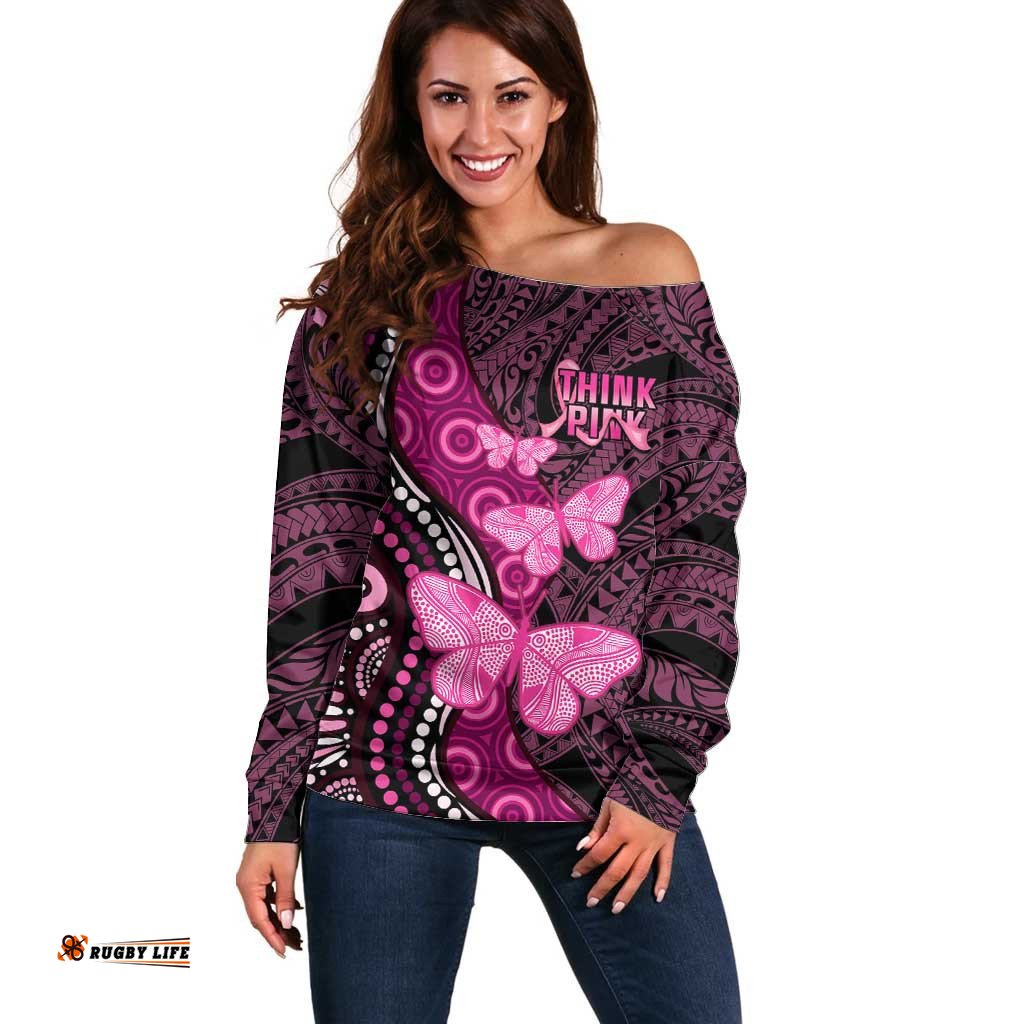 Think Pink Breast Cancer Awareness Off Shoulder Sweater Butterfly Aboriginal Mix Polynesian Pattern