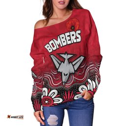 Custom Personalised Bombers Anzac Women Off Shoulder Sweater Essendon Football Aboriginal Remember Them