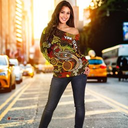 Custom Aboriginal Women's Off Shoulder Sweater , Kangaroo and Lizard Dot Painting Art