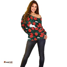 Rabbitohs Rugby Off Shoulder Sweater Polynesian Style With Hibiscus