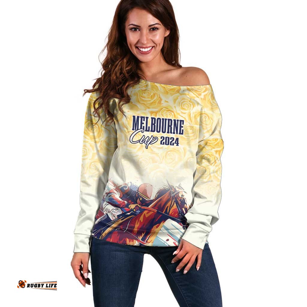 Melbourne Horse Racing Off Shoulder Sweater Yellow Rose Champion