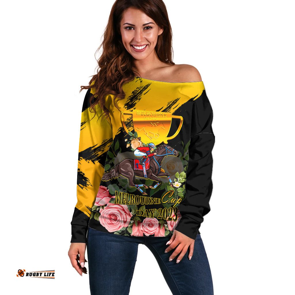 Personalised Australia Melbourne Cup Day Off Shoulder Sweater Horse Racing Trophy With Roses
