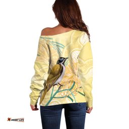 Australia Grevillea And Honeyeaters Off Shoulder Sweater Aboriginal Art Watercolor Style