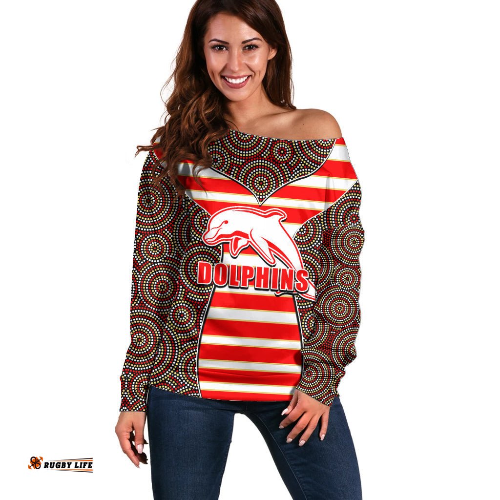 NRL Dolphins Off Shoulder Sweater Mix Dot Aboriginal