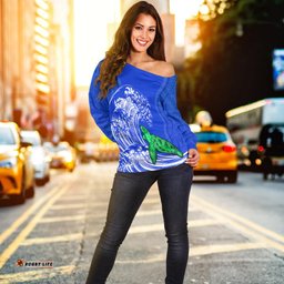 Custom Personalised Torres Strait Islands Off Shoulder Sweater The Dhari Mix Aboriginal Turtle Version Blue