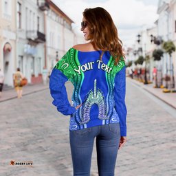 Custom Personalised Torres Strait Islands Off Shoulder Sweater The Dhari Mix Aboriginal Turtle Version Blue