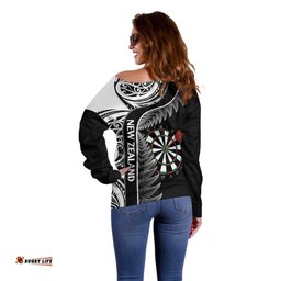 Personalised New Zealand Darts Off Shoulder Sweater Aotearoa Fern Mix Paua Shell Manaia Black