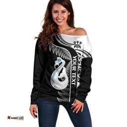Personalised New Zealand Darts Off Shoulder Sweater Aotearoa Fern Mix Paua Shell Manaia Black