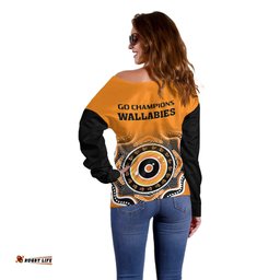 Wallabies Rugby Off Shoulder Sweater Aussie Go Champions Indigenous Orange