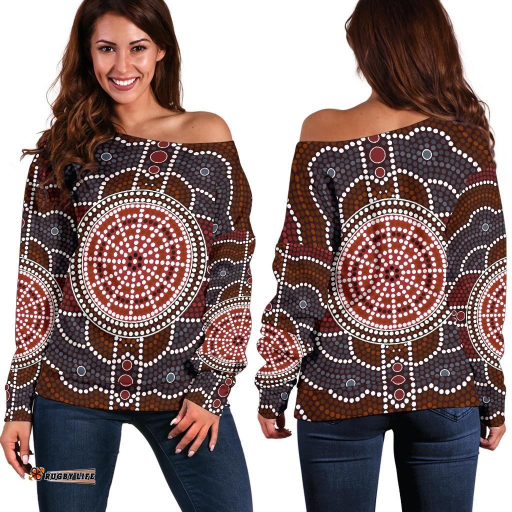 Womens Off Shoulder Sweater Aboriginal Dot Painting Sweater Ver03