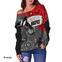 Custom Personalised Collingwood Magpies Indigenous Anzac Day Off Shoulder Sweater We Will Remember