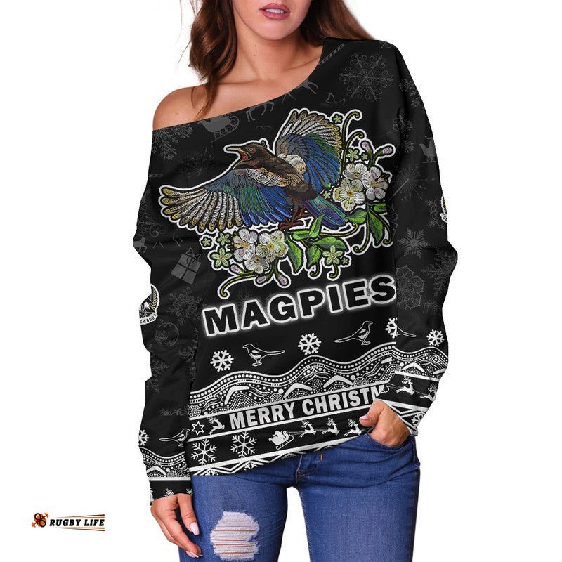 Collingwood Pies Unique Winter Season Women Off Shoulder Sweater Magpies Merry Christmas
