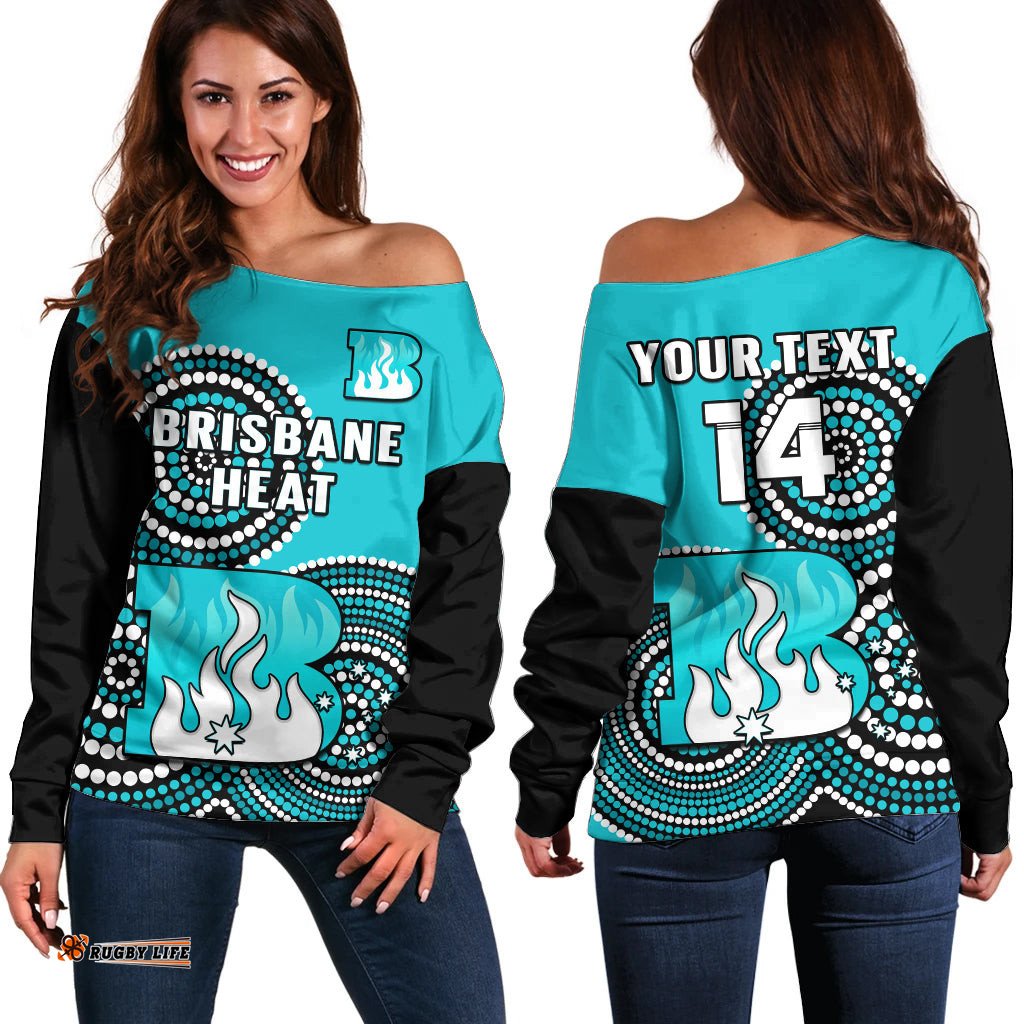 Custom Text And Number Brisbane Heat Cricket Off Shoulder Sweater Champions BBL12 Proud Indigenous Art