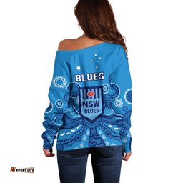 NSW Rugby Off Shoulder Sweater Blues Aboriginal Art