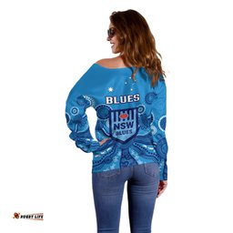NSW Rugby Off Shoulder Sweater Blues Aboriginal Art
