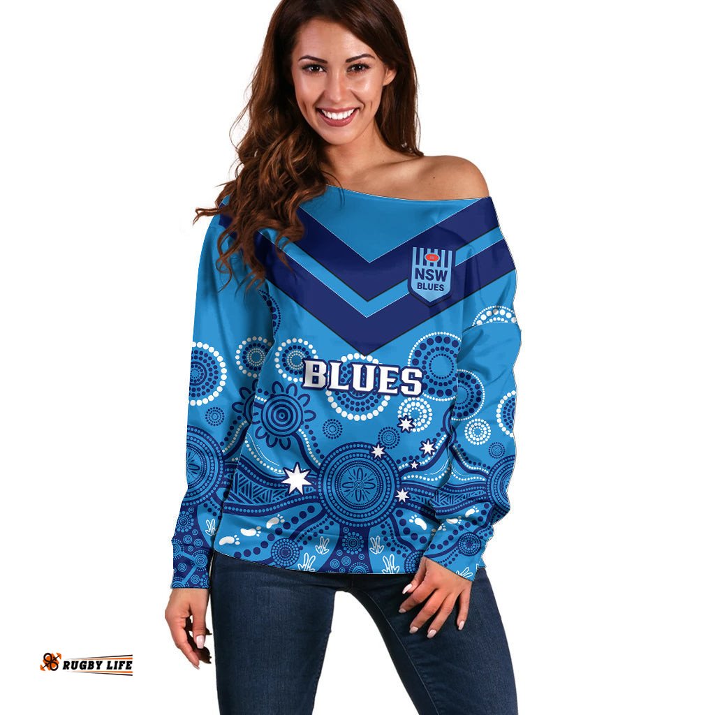 NSW Rugby Off Shoulder Sweater Blues Aboriginal Art