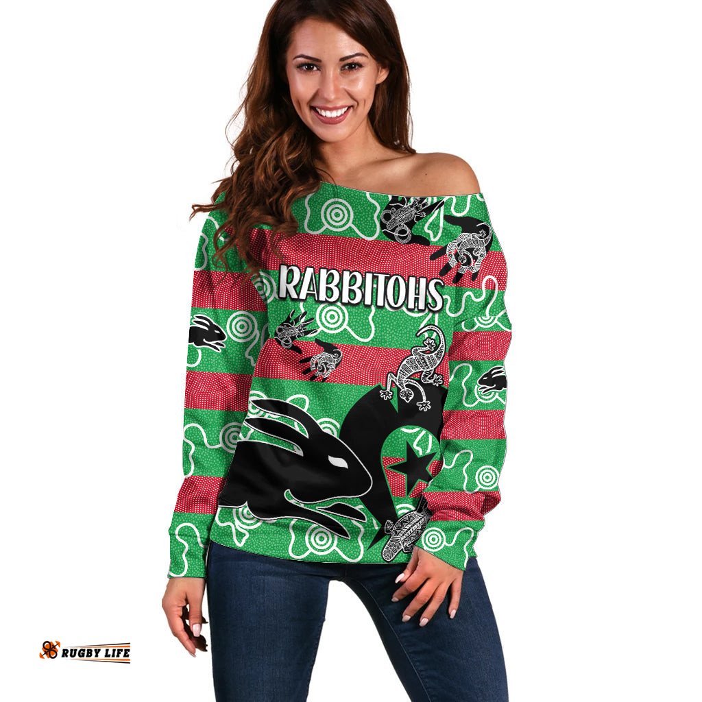 NAIDOC Rabbitohs Rugby Off Shoulder Sweater Go The Bunnies Aboriginal Dots