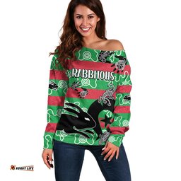 NAIDOC Rabbitohs Rugby Off Shoulder Sweater Go The Bunnies Aboriginal Dots