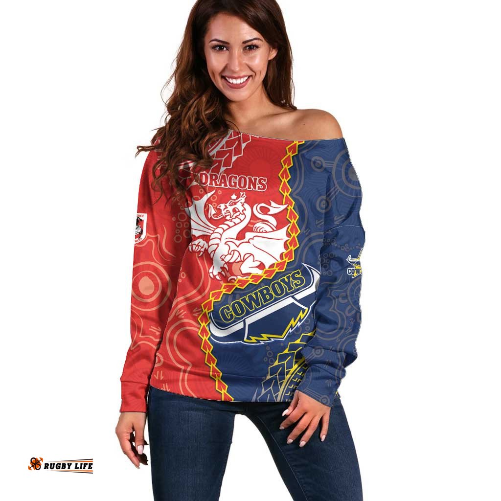 Custom Dragons And Cowboys Rugby Off Shoulder Sweater Aboriginal Mix Polynesian Pattern