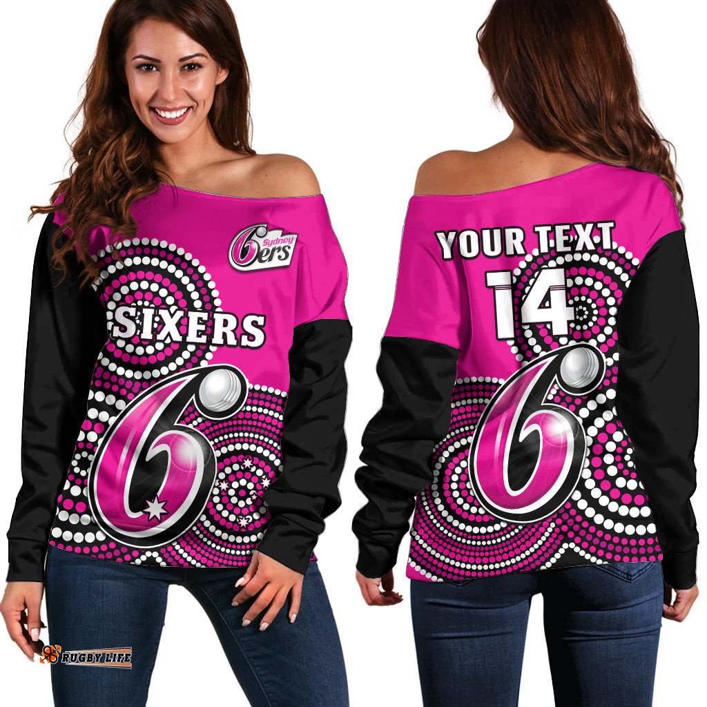 Custom Text And Number Sydney Sixers Cricket Off Shoulder Sweater Champions BBL12 Proud Indigenous Art