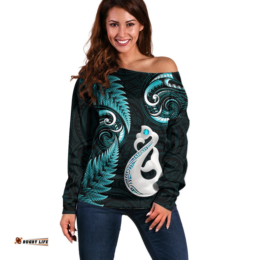 Personalised New Zealand Off Shoulder Sweater Aotearoa Silver Fern With Manaia Maori Unique Turquoise