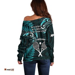 New Zealand Tiki Tennis Off Shoulder Sweater 2024 Aotearoa Tenehi Maori Silver Fern Turquoise