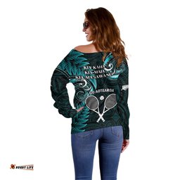 New Zealand Tiki Tennis Off Shoulder Sweater 2024 Aotearoa Tenehi Maori Silver Fern Turquoise