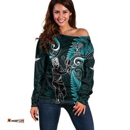 New Zealand Tiki Tennis Off Shoulder Sweater 2024 Aotearoa Tenehi Maori Silver Fern Turquoise
