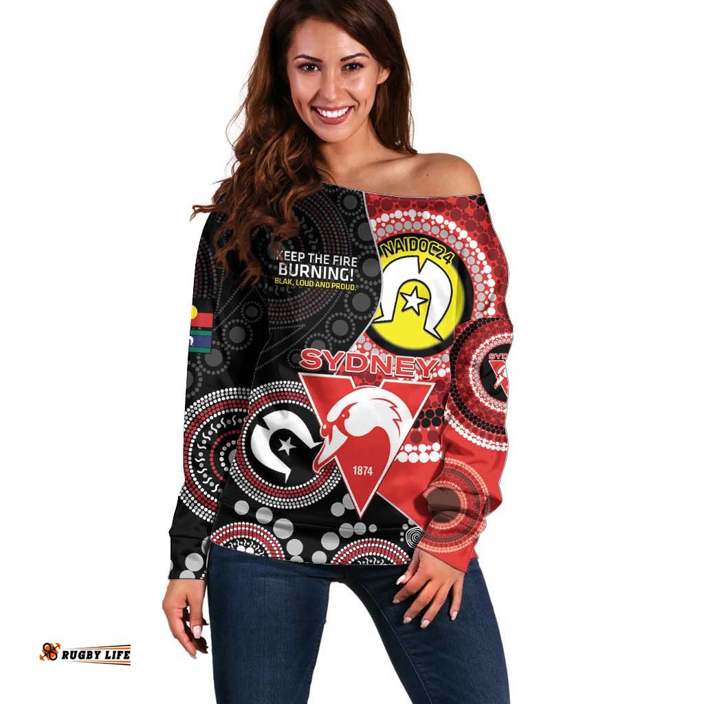 Custom AFL Swans NAIDOC Week Off Shoulder Sweater Keep The Fire Burning Indigenous Art