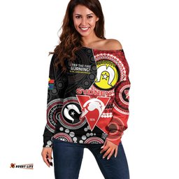 Custom AFL Swans NAIDOC Week Off Shoulder Sweater Keep The Fire Burning Indigenous Art