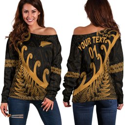 Custom Personalised New Zealand Rugby Maori Women Off Shoulder Sweater Silver Fern Koru Vibes Gold