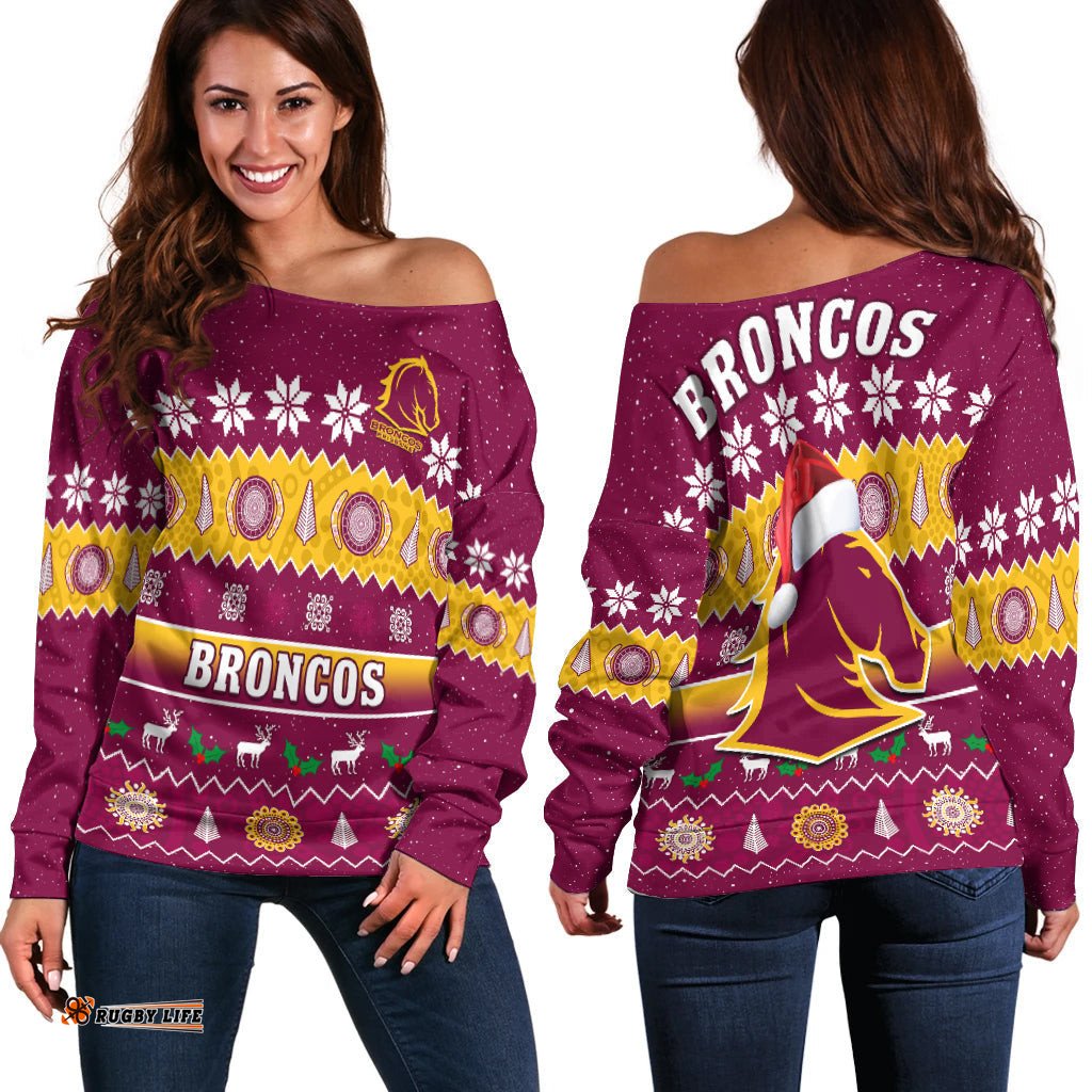 Broncos Christmas Off Shoulder Sweater Brisbane Aboriginal Art Merry Xmas