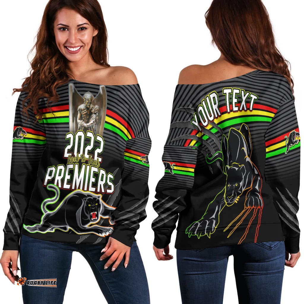 Custom Personalised Panthers Proud Off Shoulder Sweater Back to Back Premiers Version Black