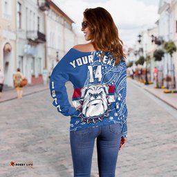 Custom Text And Number Bulldogs Football Off Shoulder Sweater Scraggers 1877 Aboriginal Dot Painting Newest Version